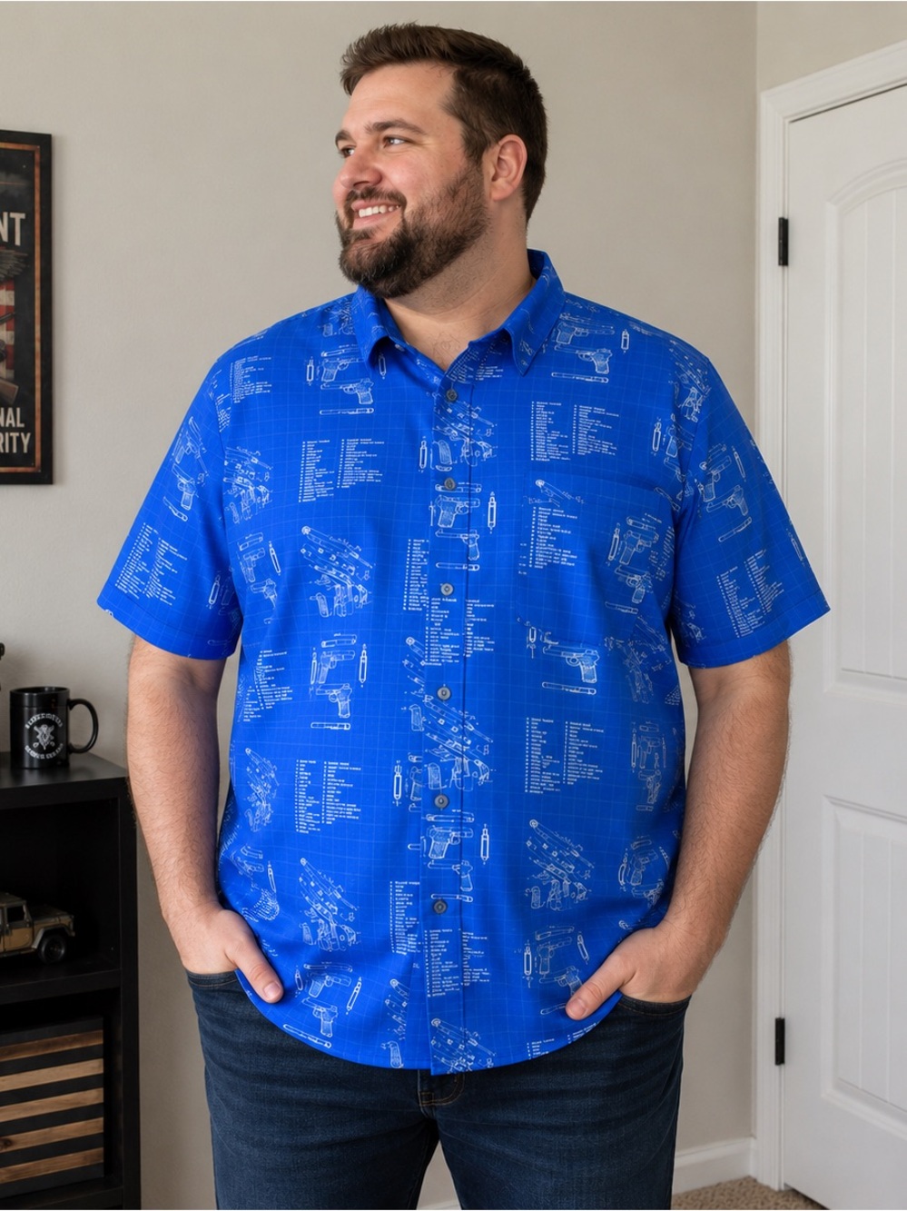 Retro Rifle Blueprint Gun Print Button Up Shirt Mens Blue Tactical AOP 3XL